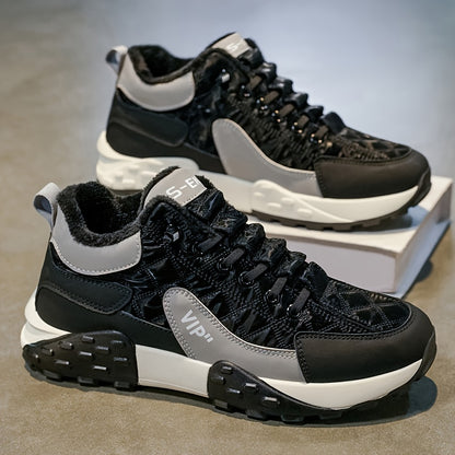 Men'S Stylish Color-Block Plush-Lined Winter Sneakers - Warm, High-Stability Running Shoes with Lace-Up Closure, Geometric & Solid Color Design, Synthetic & Fabric Upper, PVC Sole for Casual & Outdoor Activities, Winter Sneak