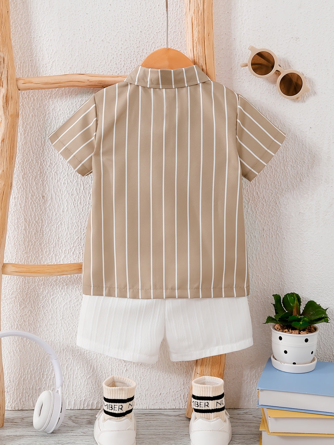 Boys' Summer Khaki Striped Shirt & Solid Shorts Set