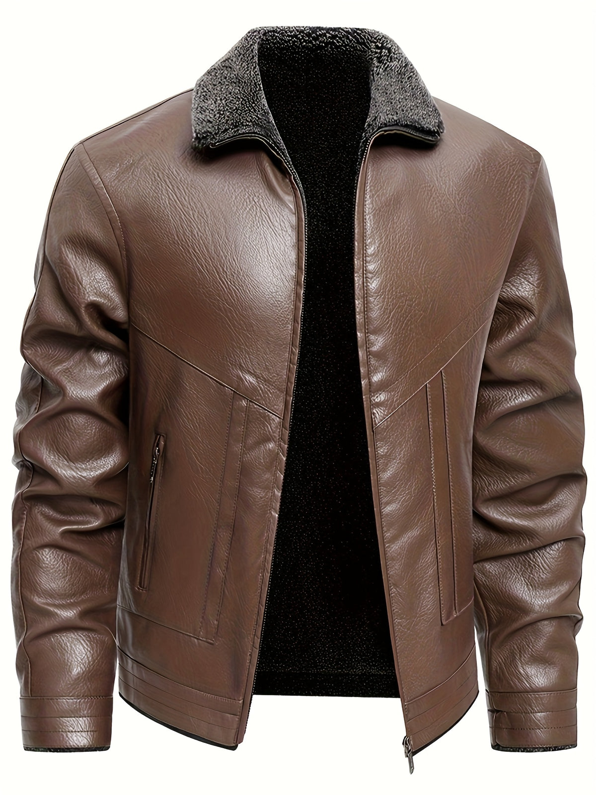 Men's Fleece-Lined PU Leather Jacket with Lapel Collar
