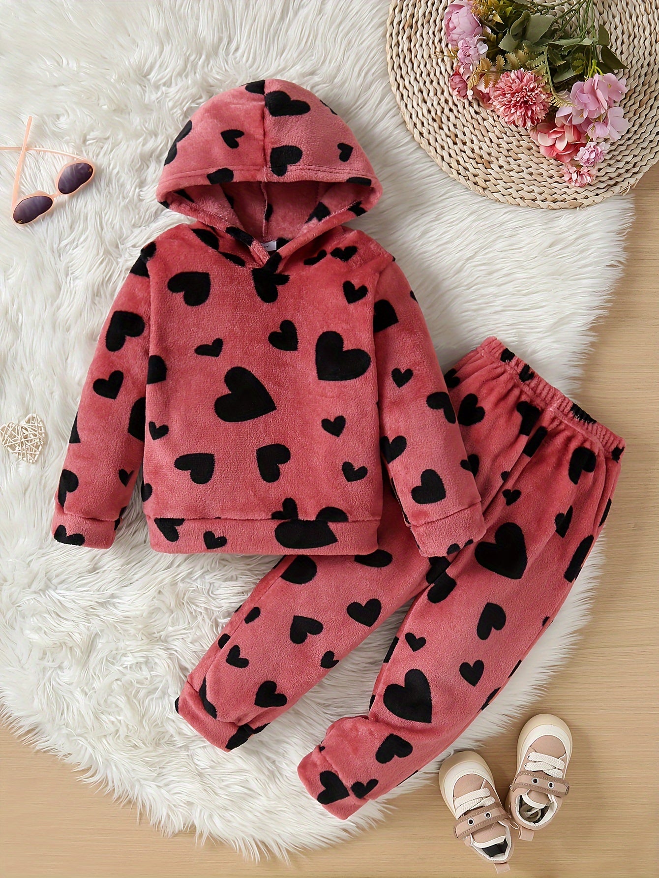 Girls' Heart Print Hooded Sweatshirt and Sweatpants Set, New Autumn Winter Comfortable Cute Casual Warm, Perfect for Outdoor