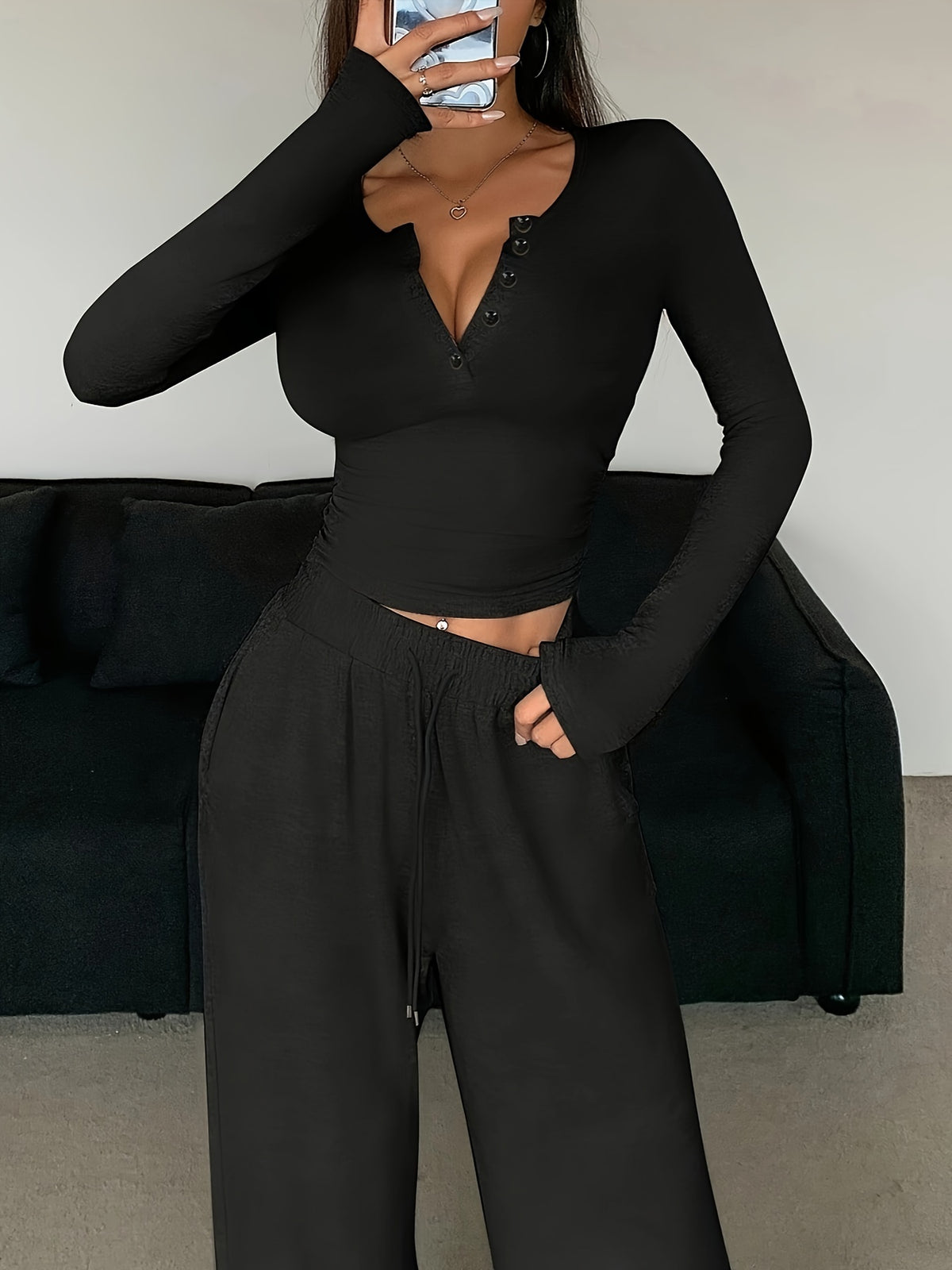 Elegant Fall/Winter Slim-Fit Cropped Top & Wide-Leg Pants Set - ayq