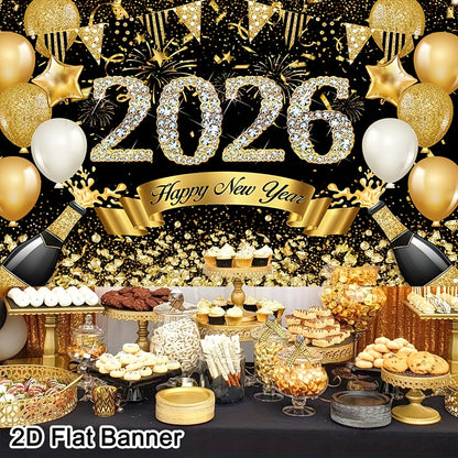 2D Flat, 1pc 2026 Happy New Year Party Backdrop Banner - 80x120cm Polyester Champagne & Cityscape Design, Golden & Purple Fireworks, Festive New Year'S Eve Decor for Home, No Electricity Needed, New Year Decorations, Flag For