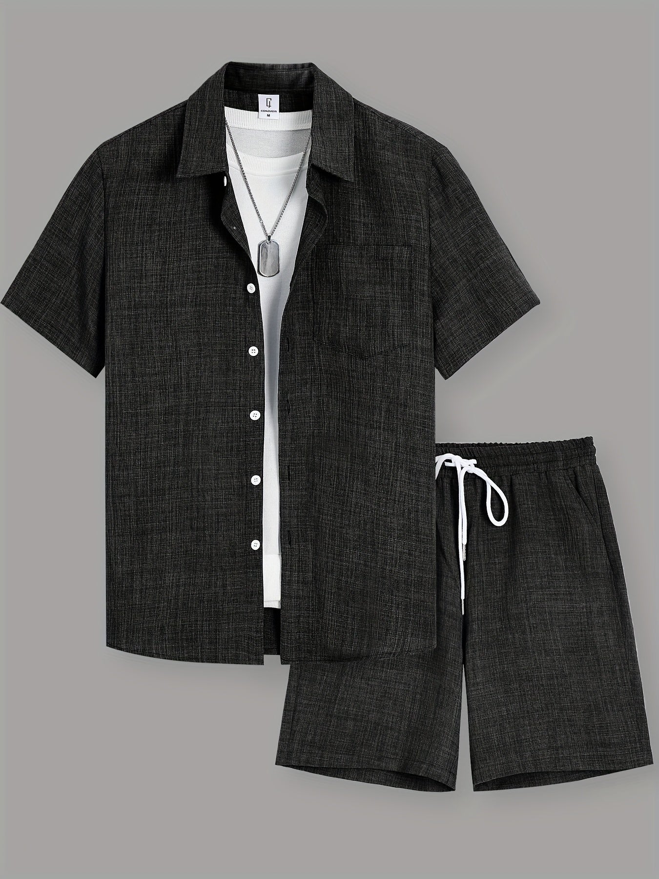 Men's Summer Casual Solid Color Shirt and Shorts Set