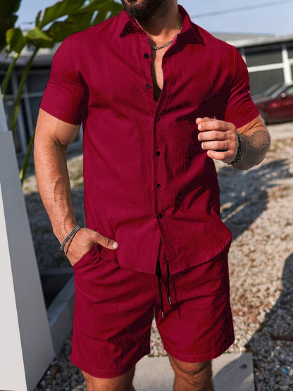 Men's Casual Solid Short Sleeve Shirt and Shorts Set