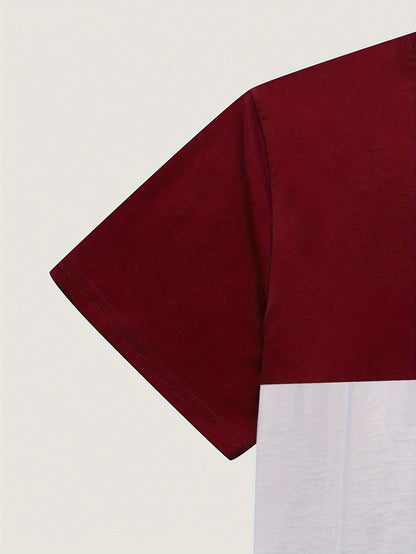 Men's Round Neck T-Shirt, Three-Color Patchwork Top with Asymmetric Double Stripes, Trendy Comfortable Breathable High-Quality Factory-Made Casual Fit