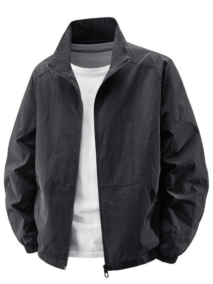 Men'S Olive Green Bomber Jacket with Stand Collar - Casual, Comfortable, Zip-Up Outerwear for Outdoor Activities, Casual Attire|Stand Collar Jacket|Zippered Jacket