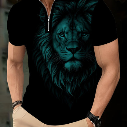 Men's Zip Shirt Short Sleeve Summer Trendy Lion Print Collar T-Shirt Business Casual Slim Fit Men's Top Women's Clothing