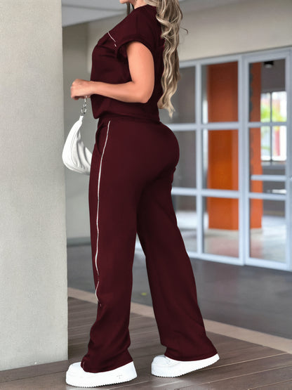 New Women'S Spring And Autumn Collection Featuring a Solid Color, Soft And Comfortable Round-Neck T-Shirt Paired with High-Waisted, Casual Straight-Leg Pants in a Two-Piece Set - ayq