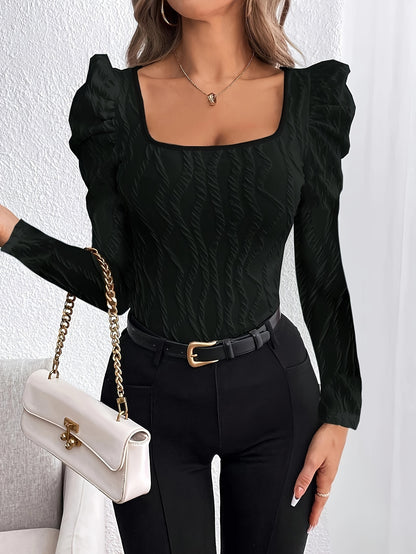 Autumn and Winter New Square Neck Textured Fabric Bubble Sleeve Elegant Long-Sleeve Women's Top