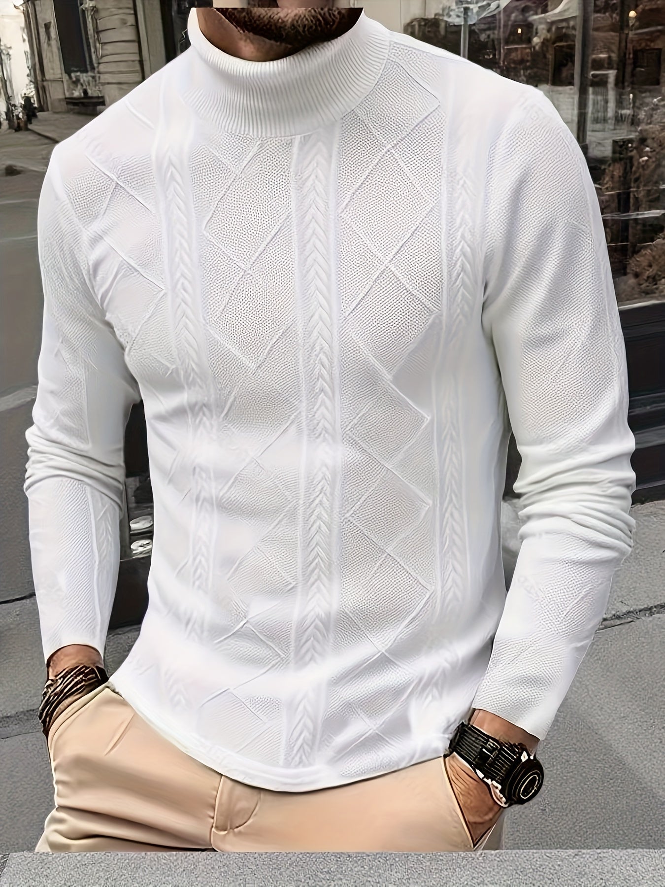Men'S Thickened Three-Dimensional Square High-Neck Long-Sleeve Knit Sweater