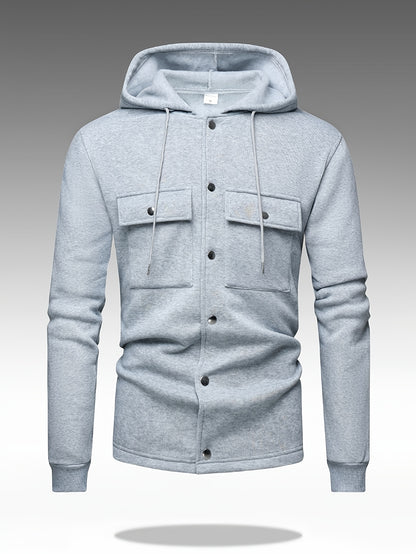 Men's Heavy-Duty Hooded Sweatshirt with Full-Zip Front & Utility Pockets - Olive Green Tactical-Style Outdoor Jacket, Long Sleeve Casual Pullover for Hiking, Camping, Casual Attire - Spring/Fall Layering Essential (Regular Fi