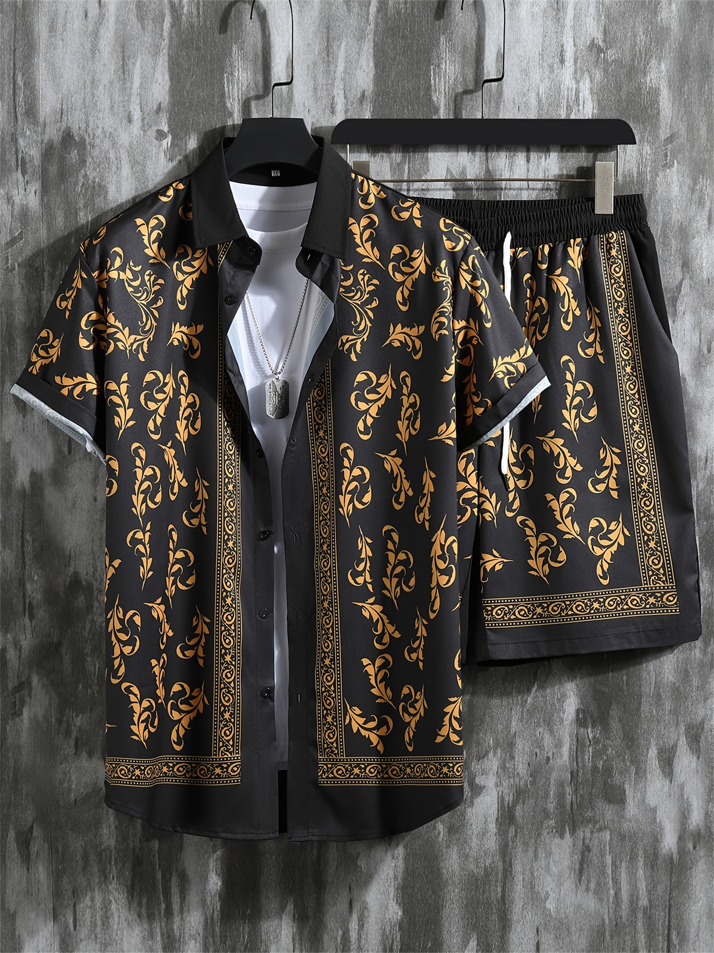 Men's Casual Summer Outfit Set, Short Sleeve Shirt And Pants, Floral Print, Polyester Blend, Machine Washable