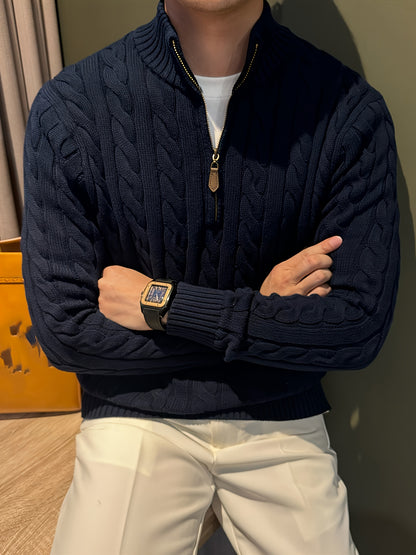 Men's Casual Knit Cotton Half-Zip Sweater with Stand Collar