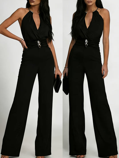 Women’s Chic Deep V-Neck Pleated Jumpsuit with Jewel Detail