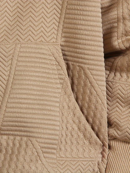 Cozy Fleece Zip-Up Hoodie & Pants Set - Beige Geometric Pattern, Long Sleeve Casual Winter Outfit with Pockets, Elastic Waistband, and Button-Up Front, Perfect for Fall/Winter, Cozy Clothing | Playful Design | Elastic Waistba