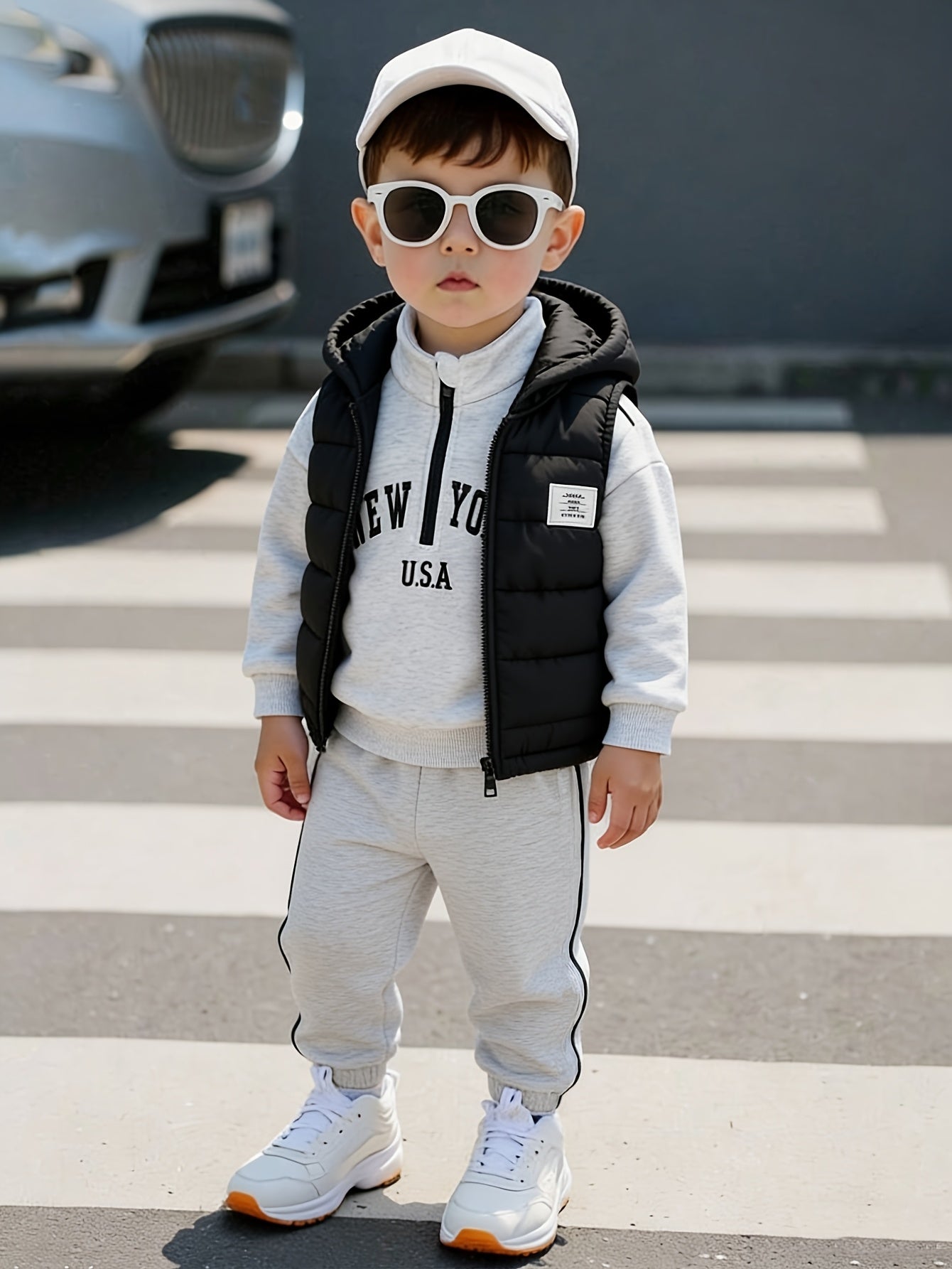 Boys' 3-Piece Fall/Winter Casual Set with Hooded Vest & Letter Print