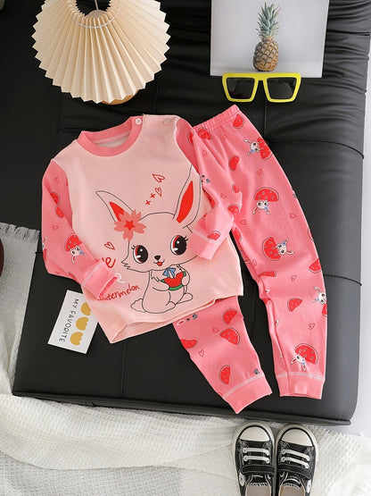 Girls' Cotton Thermal Underwear Set with Cute Rabbit Print