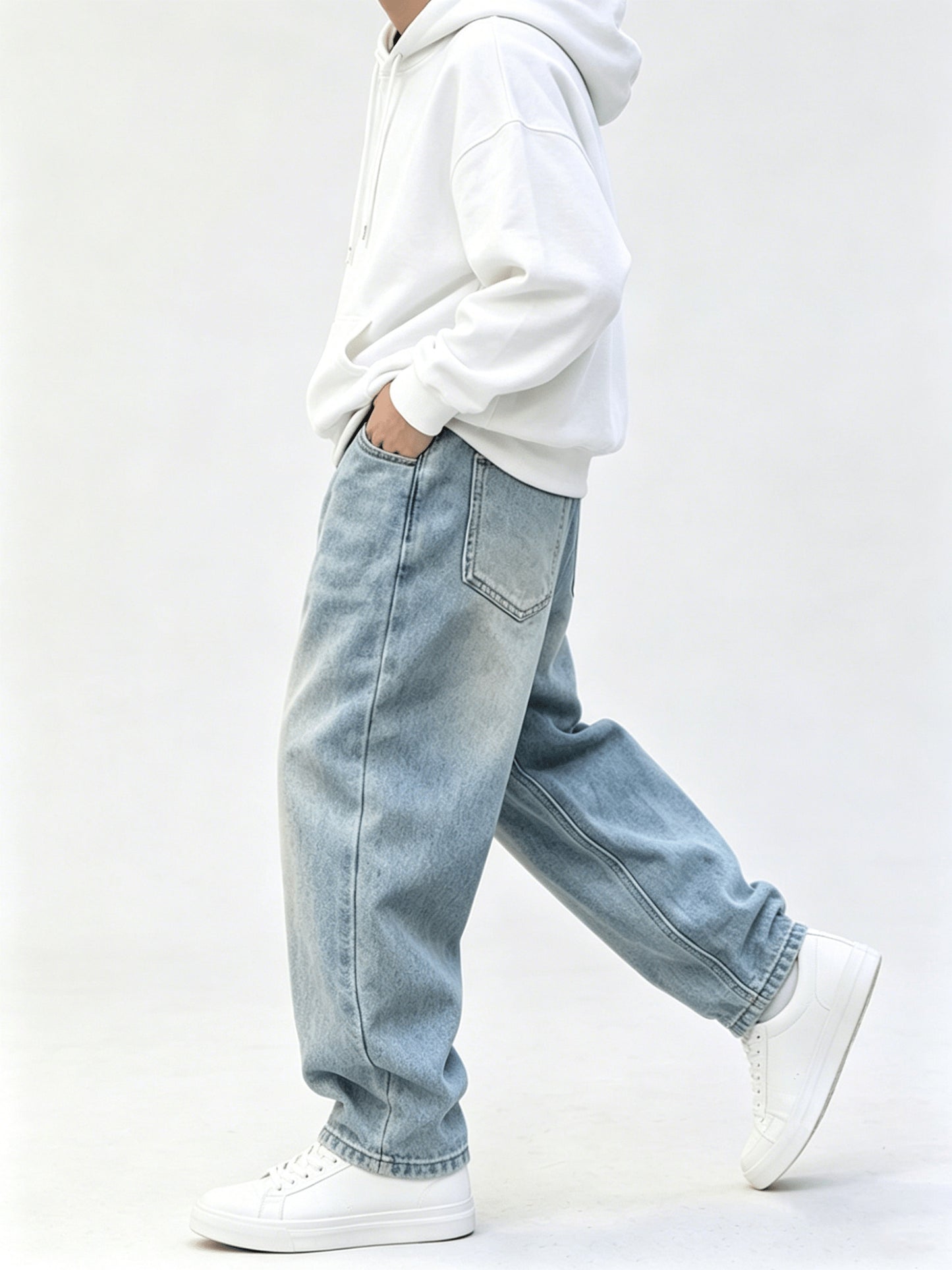 Boys' Baggy Washed Denim Jeans with Elastic Waist, Vintage Style