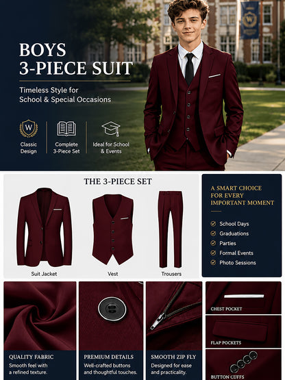 3-Piece Boys' Formal Suit Set with Vest and Straight-Leg Pants