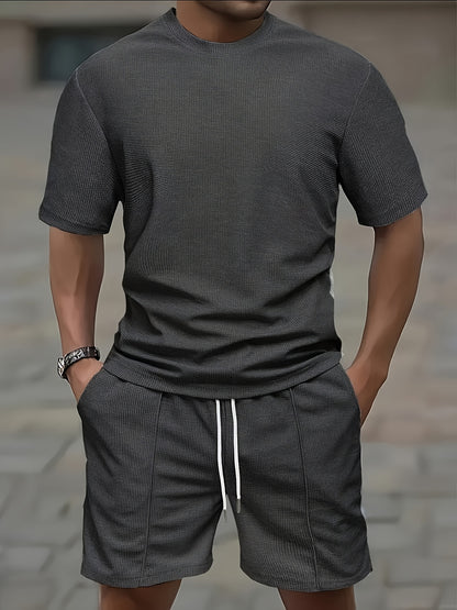 European and American Style Men's Basic Solid Color Set Round Neck Short Sleeve T-Shirt + Shorts Two-Piece Suit