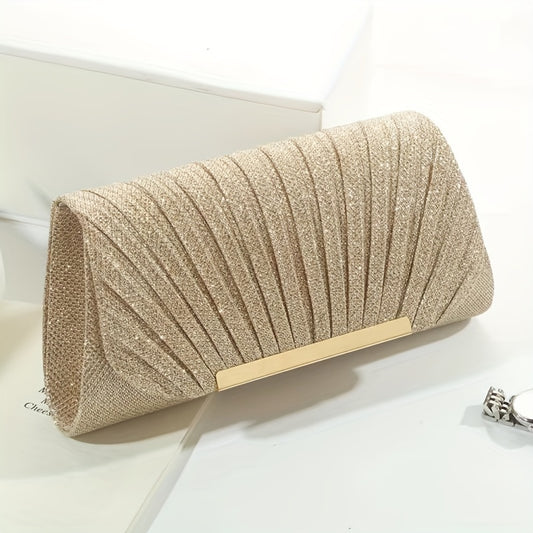 Elegant Evening Clutch With Fashionable Pleats, A Golden Embellished Clutch Wallet For The Dance Party, A Ladies' Chain Clutch