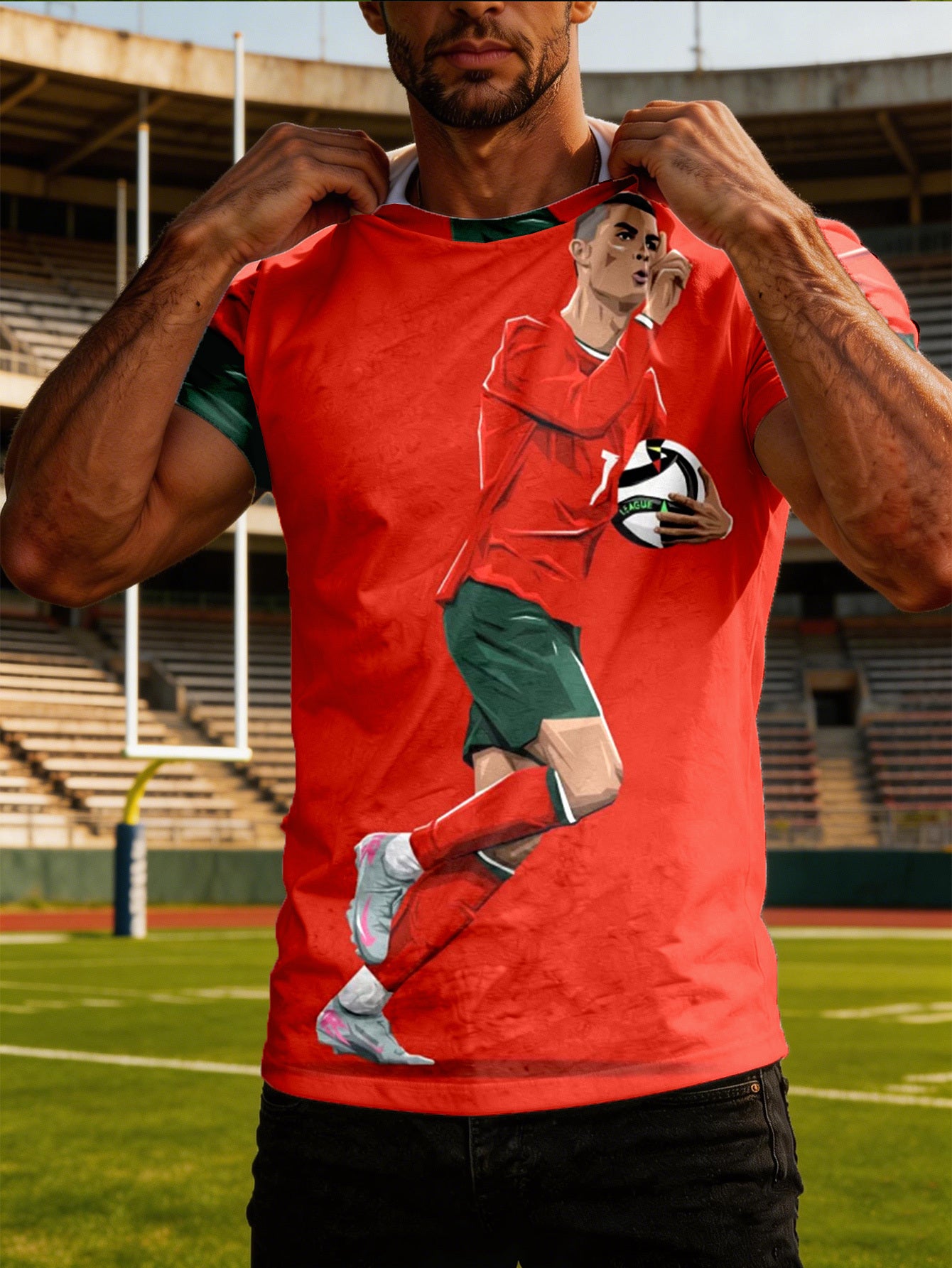 Men's Red Soccer Graphic Crew Neck T-Shirt - Lightweight Sports Tee