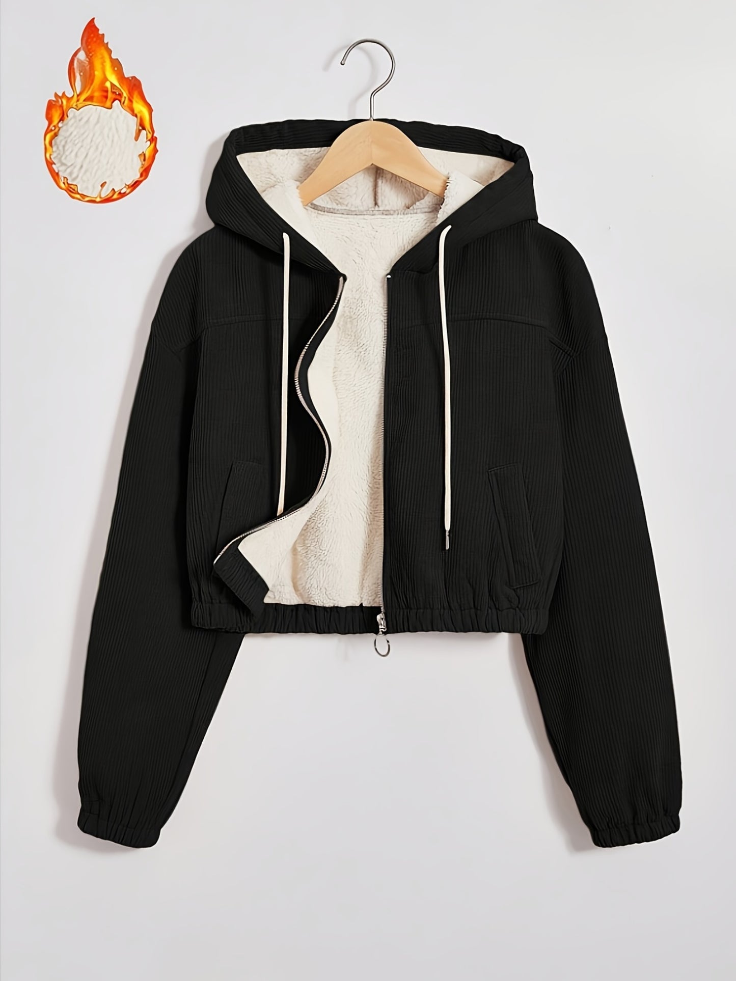 Women'S Black Hooded Jacket with Fleece Lining - Full-Zip Winter Coat, Full-Zip Front Closure, Zippered Pockets, Machine Washable Outer Shell