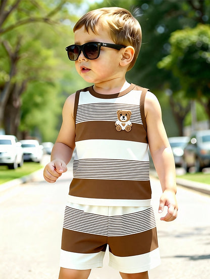Baby Boy Summer Cartoon Bear Sleeveless Tank Top & Shorts Set