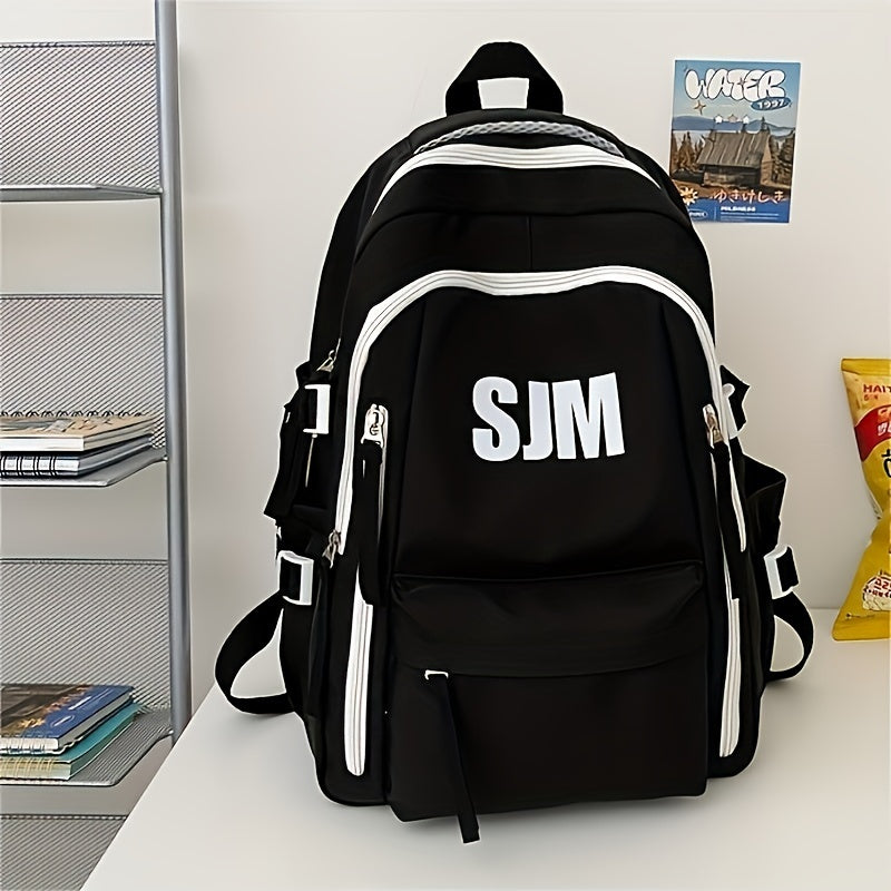 Stylish Unisex Nylon Backpack - Durable Casual Travel  School Bag with Adjustable Straps, White  Blue Design, Lightweight and Spacious for Everyday Use, School Backpack   Contrast Strap Design   Polyester Lined, Travel Back