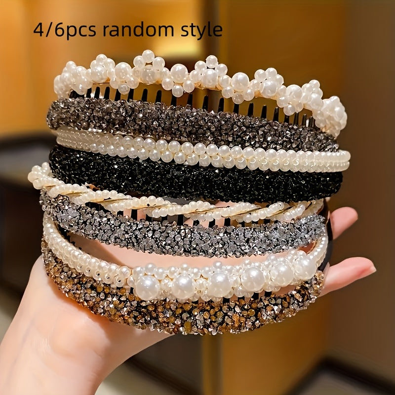 Boho Pearl & Rhinestone Headbands - Set of 4 or 6 for Women