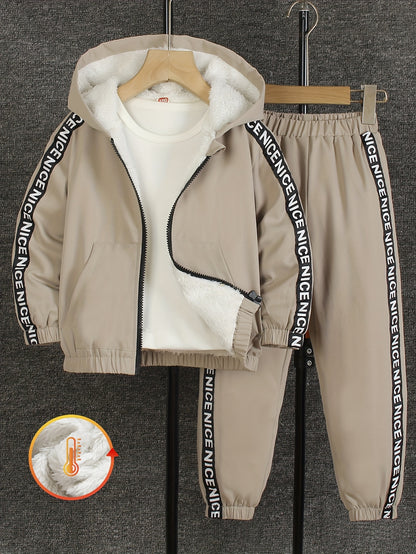 2pcs Set: a Set of Young Boys' Autumn And Winter Fleece Long-Sleeved Trousers Suit, for Outdoor