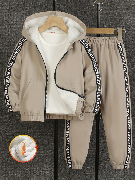 2pcs Set: a Set of Young Boys' Autumn And Winter Fleece Long-Sleeved Trousers Suit, for Outdoor