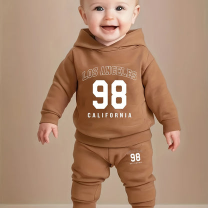 Newborn Baby Boy's Long Sleeve Fleece Hooded Sweatshirt with Number and Letter Pattern + Casual Sports Pants Set for Autumn and Winter Outdoor Wear, Perfect for Outdoor
