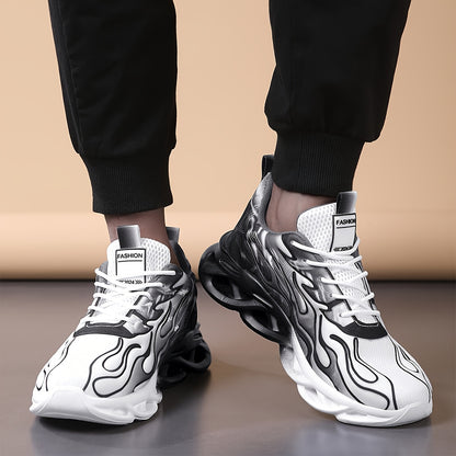 Trendy Black  White Gradient Sneakers - Breathable Mesh, Thick Sole for Height Boost, Fashion Athletic Casual Running Shoes with Flame Design, Perfect for Students  Casual Attire, High Top Sneakers