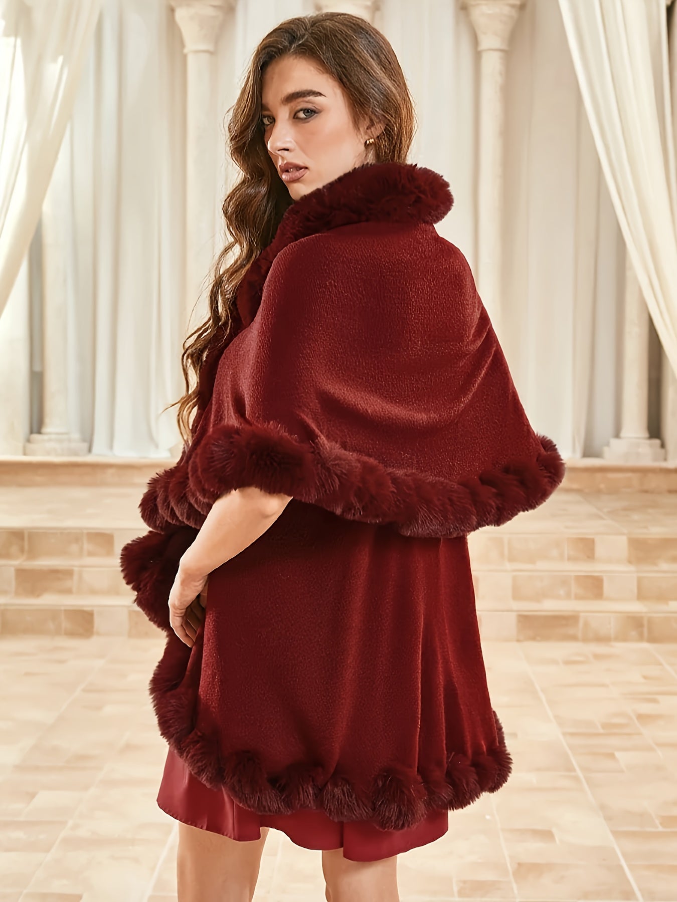 Plus Size - Plus Size - Plus Size - Plus Size, Women'S Elegant Red Faux Fur Coat - Winter Warmth, Non-Stretchy Formal & Everyday Outerwear with Contrast Collar, Plus Size Friendly