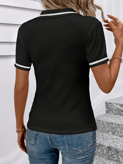 Women's Elegant Black Shirt with White Collar & Cuff Detail - Short Sleeve, Zippered, Stretchy Polyester-Spandex Blend, Machine Washable, Perfect for Casual or Professional Outfits