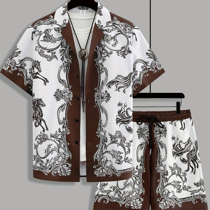 Men's Summer Suit Set: Short Sleeve Knight Print Positioning Burned Shirt with Open Collar, Drawstring Casual Shorts Pajama Two-Piece Set