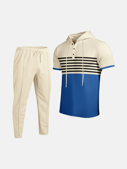 Men'S Summer Casual Sportswear Set, Striped Patchwork Short Sleeve, Polyester Material, Suitable for Leisure and Sports Outings, Fashionable and Trendy, with Drawstring Belt and Pockets, Ideal for Summer Activities, Hooded Sh