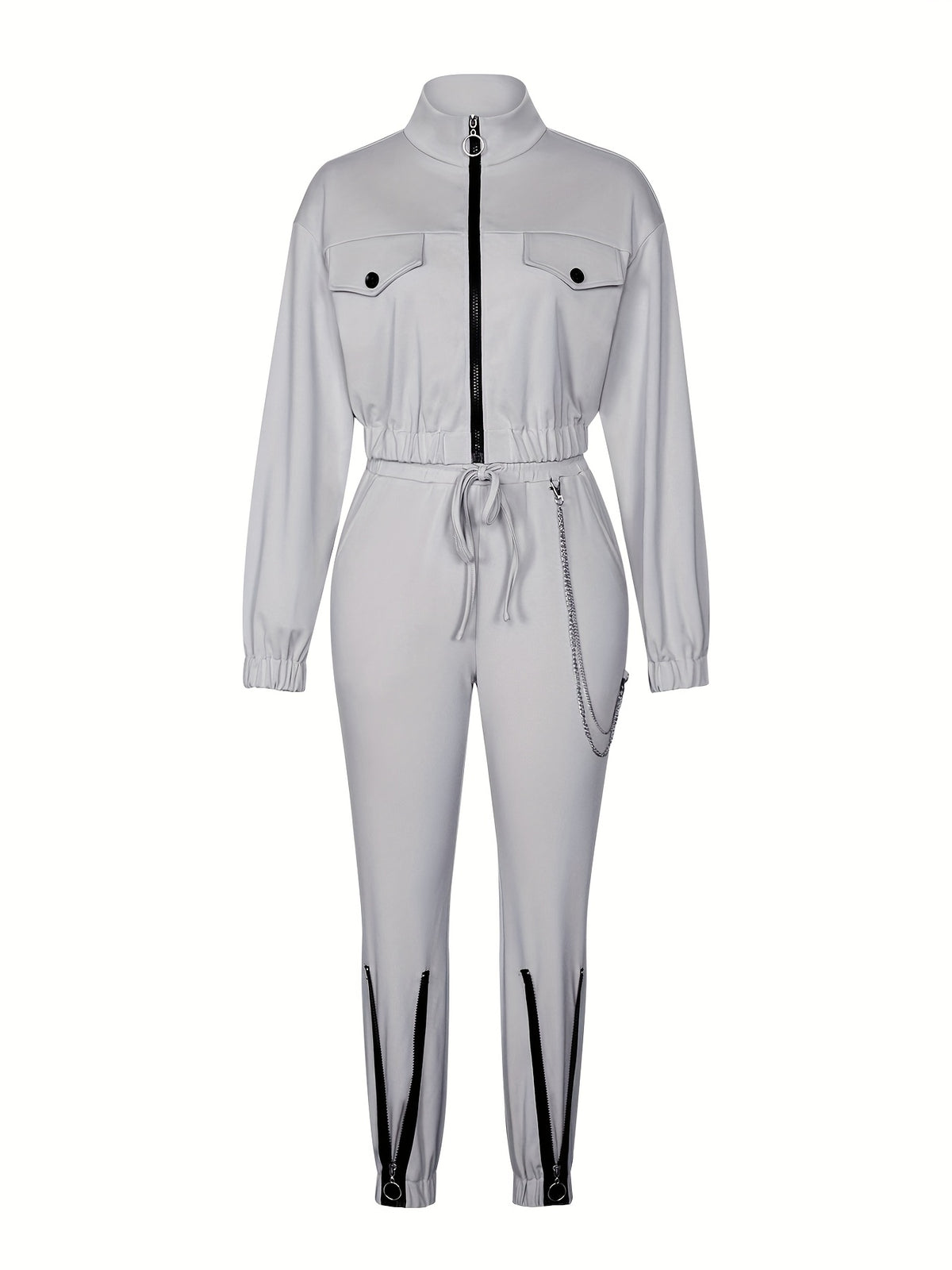 Women's Two-Piece Casual Set with Zipper Patchwork Detail - ayq