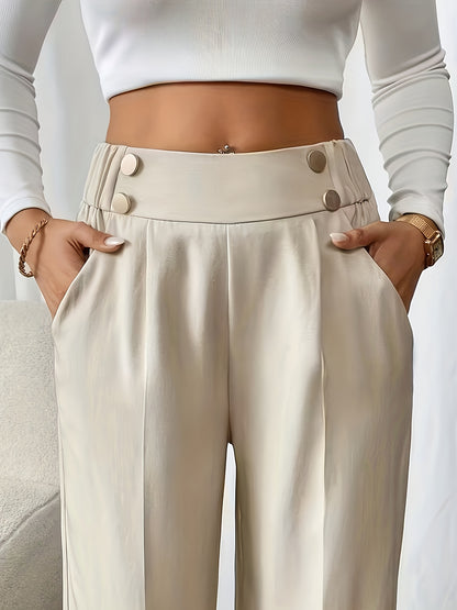 Women's Elegant Button-Waist Straight Leg Polyester Trousers