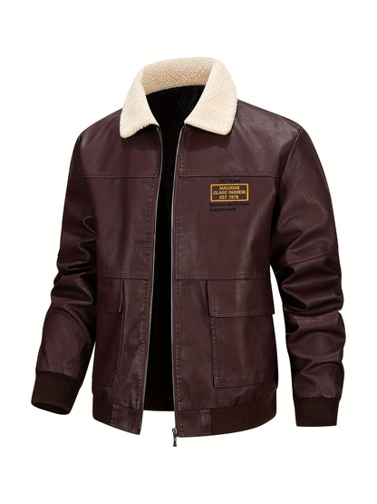 Men'S Faux Leather Bomber Jacket with Fleece Lining - Casual Motorcycle Style, Zip-Up, Long Sleeve, Drop Shoulder, Polyester Lining, Regular Fit, Outdoor & Hiking Wear, Outdoor Jacket | Bomber Jacket | Polyester Lined Jacket