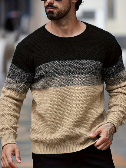 Men's Winter Gradient Color-Block Knit Sweater - Loose Fit Style Ombre Blending (Warm Round Neck Pullover) for Cold Weather, Casual & Smart-Casual Outfits - Opaque Loose-Fit Top