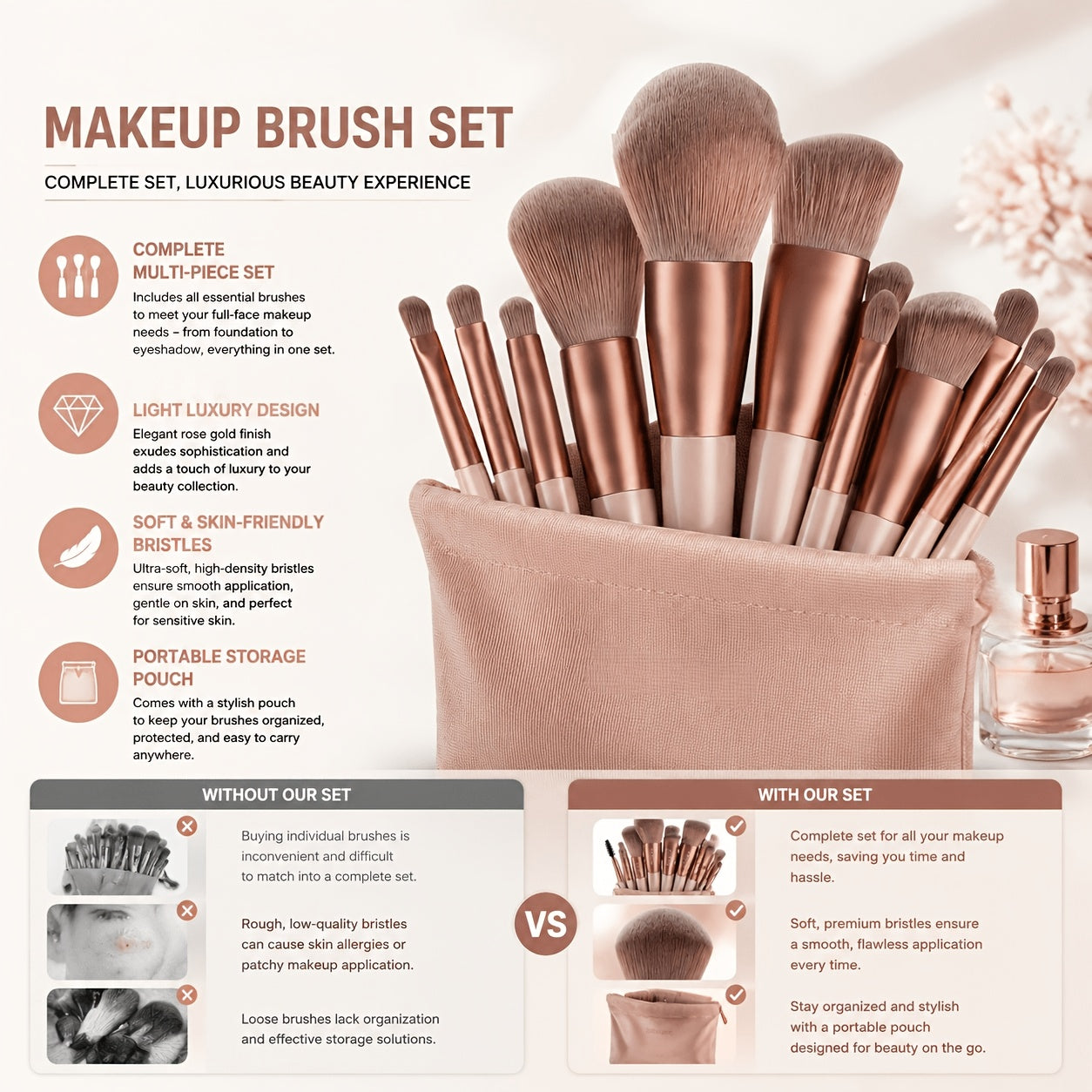 18pc Professional Makeup Brush Set with Puffs & Storage Bag