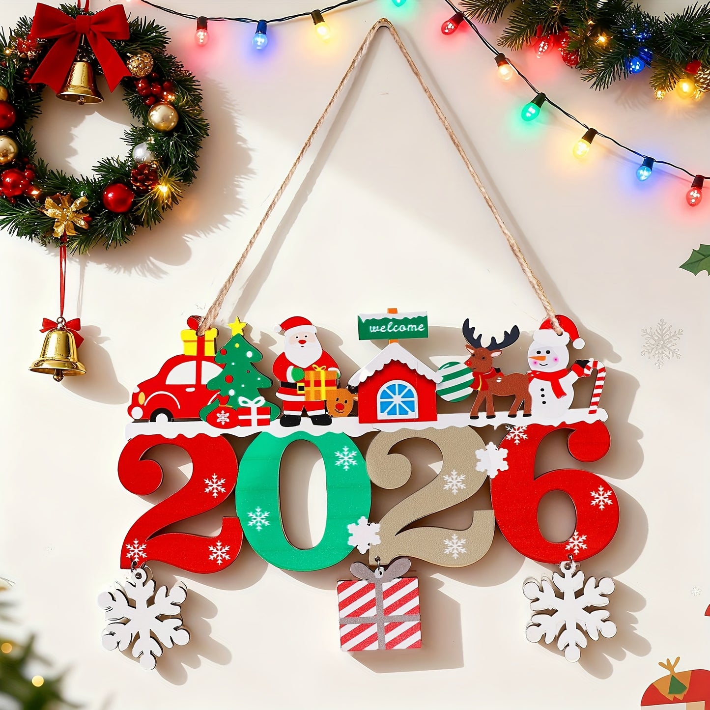 2026 Year-Specific Retro Artificial Wood Christmas Ornaments - Numbered 2026 Centerpiece with Santa Sleigh, Reindeer & Snowman - Irregular Shaped Tree Decorations for Weddings, Parties, New Year's (Compatible with 2024/2025/2