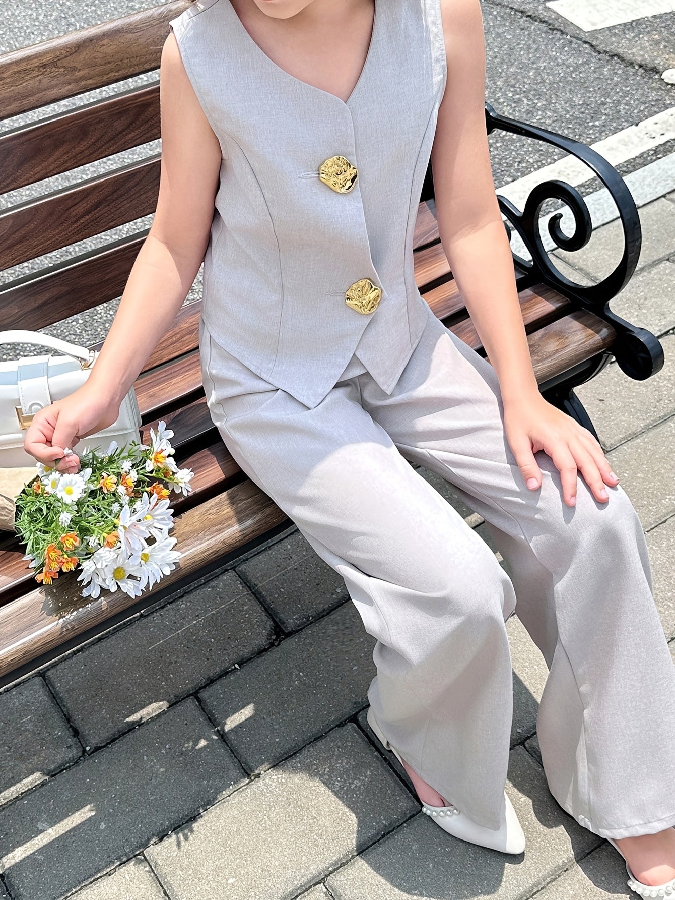 Teen Girls' Sleeveless Suit Vest & Wide-Leg Pants Two-Piece Set