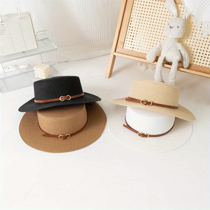 Women’s Summer Straw Sun Hat with Flat Brim and Bowknot
