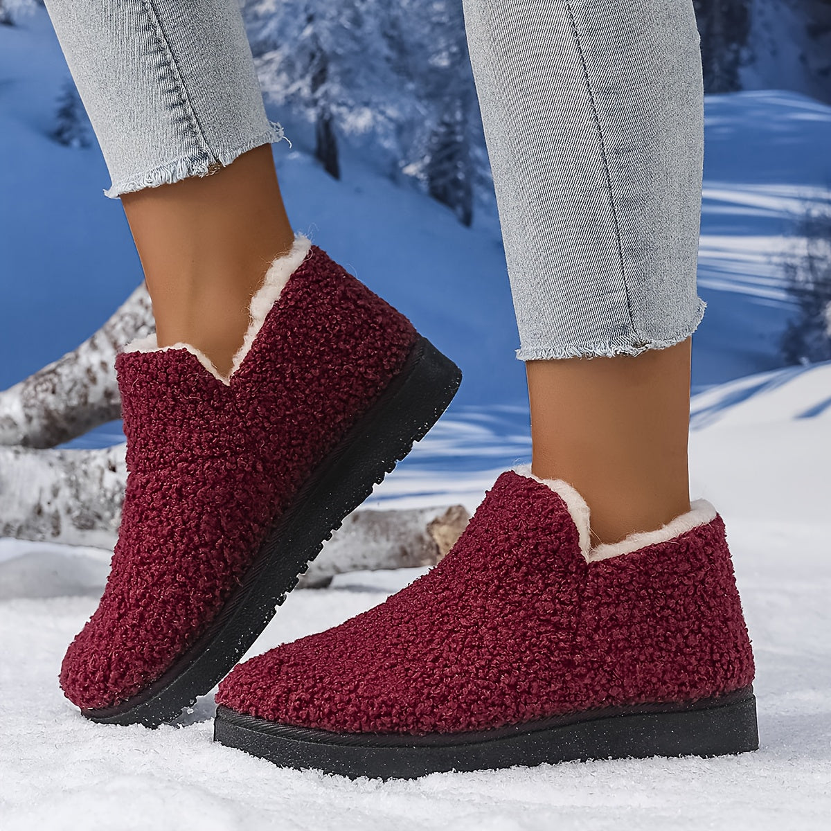 Women'S Plush Winter Slip-On Ankle Boots - Soft Fleece-Lined Low Heel Casual Shoes, Lightweight & Durable, Perfect for Y Days, Winter Footwear | Slipon Boots | Synthetic Cover Sole