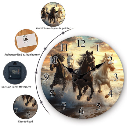 One piece, wooden wall clock with running horses pattern design, modern wall aesthetic decorative art wall clock, silent, suitable for living room, bedroom, kitchen, office decoration, home decoration, ideal Christmas, New Ye