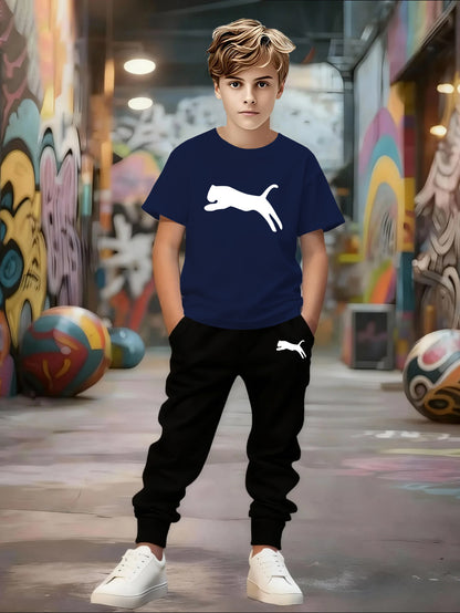Boys' Casual Short Sleeve & Pants Set with Geometric Pattern