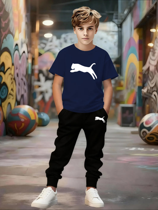 Boys' Casual Short Sleeve & Pants Set with Geometric Pattern
